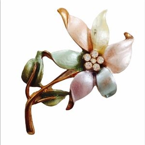 Large vintage Flower Brooch/pin painted, rhinestones